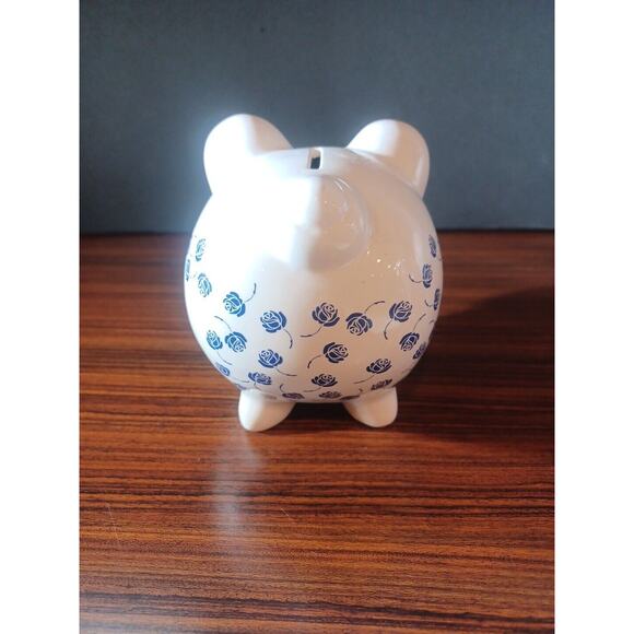 Ceramic Coin Bank Pig "Bill" & 65 Roses Collection Blue & White - Picture 5 of 10